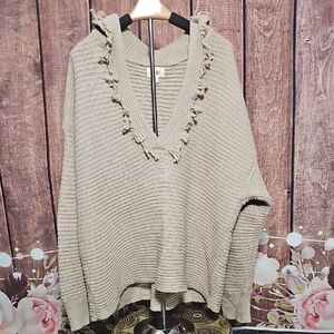 BiBi Taupe V-Neck Sweater with Fringe Detail Xl-2x Oversixed